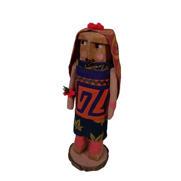 Handcrafted Wooden Tribal Folk Art Doll With Hand-Painted Details & Fabric Dress - Picture 4 of 8
